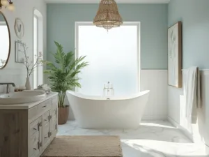 "Luxurious coastal bathroom bathed in morning sunlight, featuring a freestanding tub, white marble floor, weathered oak vanity, and coastal accessories"