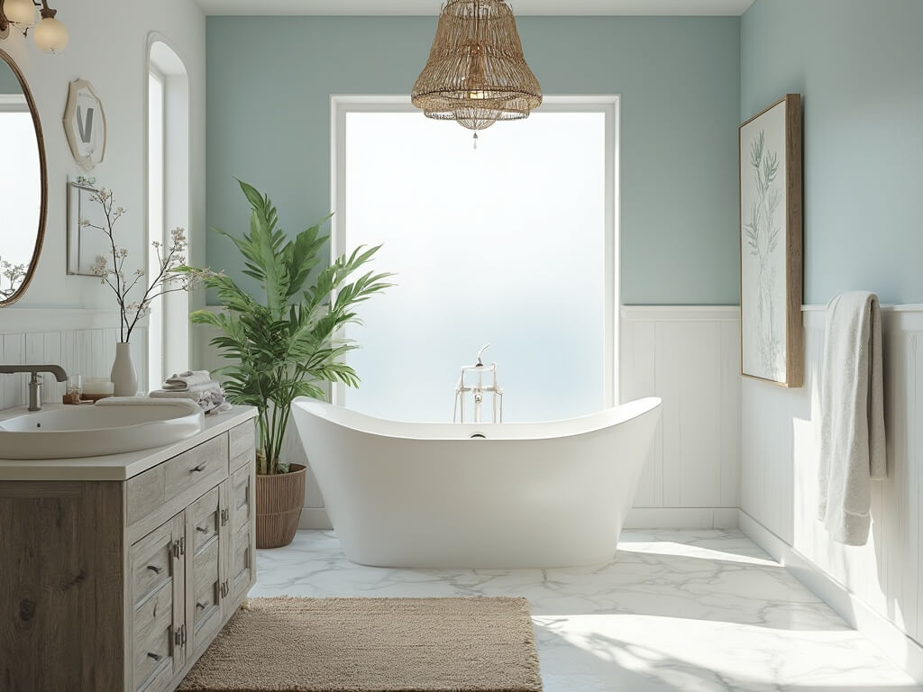"Luxurious coastal bathroom bathed in morning sunlight, featuring a freestanding tub, white marble floor, weathered oak vanity, and coastal accessories"
