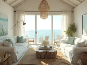 "Spacious coastal living room with white linen sofas, driftwood table, jute rugs, rattan lights, and a panoramic ocean view"