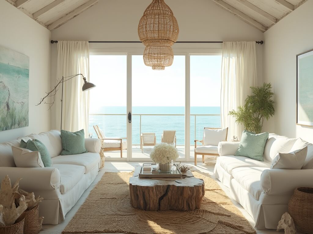 "Spacious coastal living room with white linen sofas, driftwood table, jute rugs, rattan lights, and a panoramic ocean view"