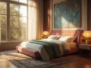 "Luxury contemporary bedroom bathed in golden hour light with king-sized bed, mid-century modern nightstands, and abstract artwork"