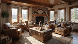 "Sunlit rustic cabin living room with wooden beams, stone fireplace, leather armchairs, and warm earth-toned decor"