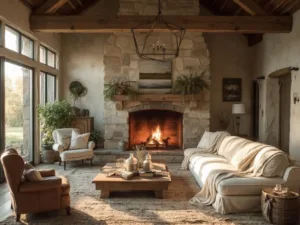 "Rustic farmhouse living room with cathedral ceiling, stone hearth, cream linen sectional, vintage leather chair, and walnut coffee table at golden hour"