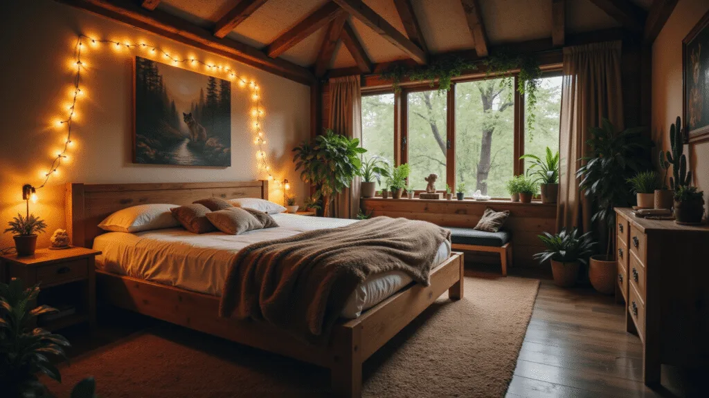 "Cozy forest-themed bedroom with wooden bed frame, wolf-themed art, crystals, fairy lights, green plants, and warm ambient lighting."