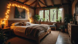 "Cozy forest-themed bedroom with wooden bed frame, wolf-themed art, crystals, fairy lights, green plants, and warm ambient lighting."