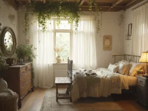 "Romantic vintage cottagecore bedroom with wrought-iron bed, pastel quilts, potted ferns, weathered oak dresser, and antique mirror in soft morning light."
