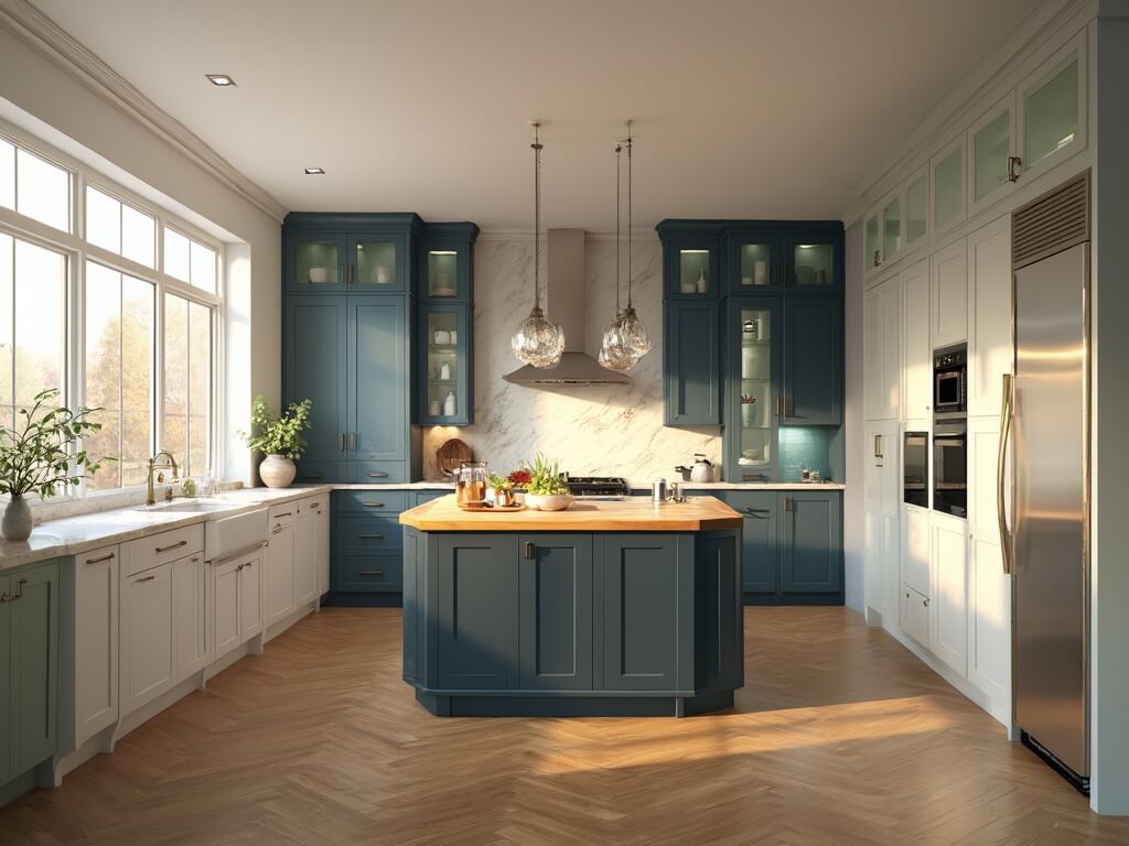 "Luxurious contemporary kitchen with floor-to-ceiling multi-colored cabinets, marble and butcher block counters, and professional stainless steel appliances."