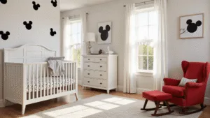 "Mickey Mouse themed nursery with white walls, black silhouettes, modern crib, red glider, and golden hour lighting"