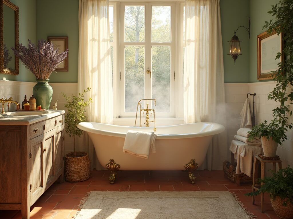 "Sunlit cottagecore bathroom with vintage clawfoot tub, terracotta floor, wooden vanity, marble countertop, potted greenery, and soft steam rising from tub."