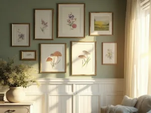Vintage botanical prints and pressed flower artworks on sage green living room wall highlighted by warm sunlight through sheer linen curtains, with an antique side table displaying dried flowers in a ceramic vase.