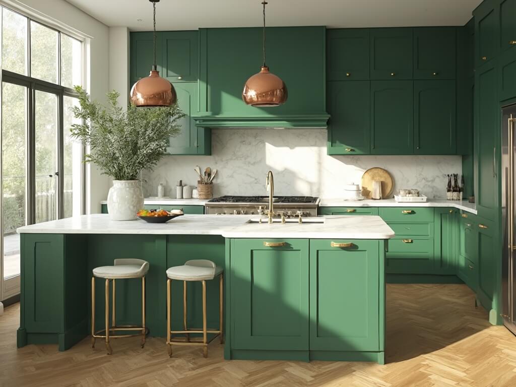 "Sunlit luxury kitchen with emerald green cabinets, white Carrara marble countertops, brass hardware, oak herringbone flooring and copper cookware."
