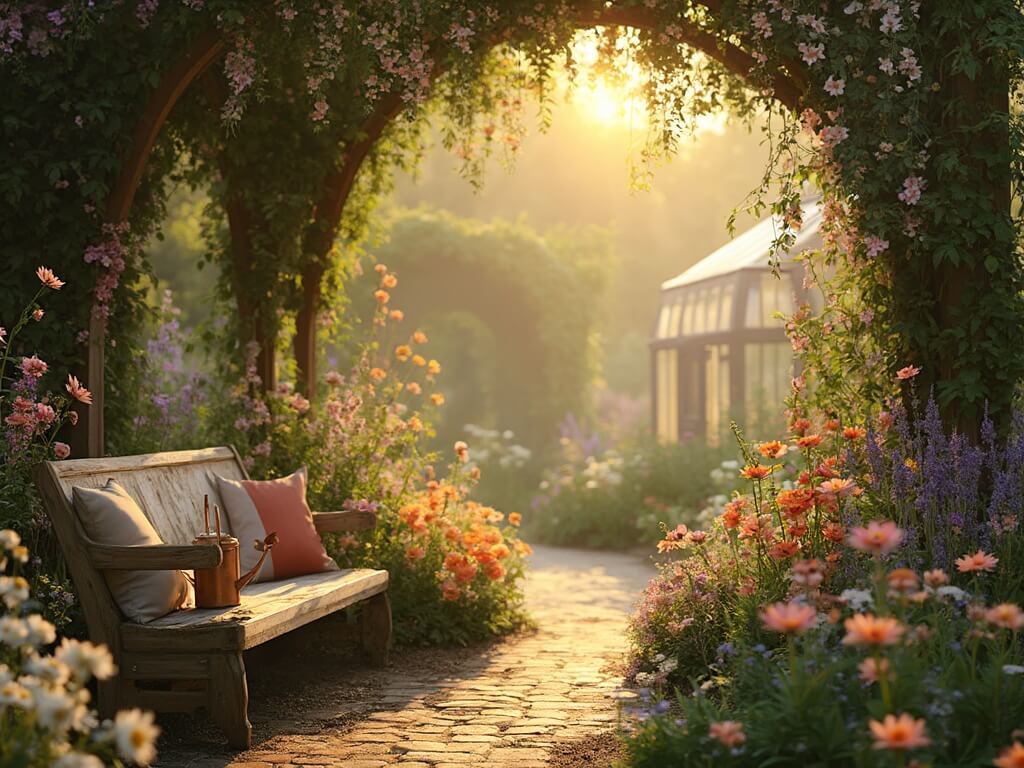 "Dreamy cottage garden at golden hour with warm sunlight filtering through climbing roses and wildflowers, vintage watering can against wooden bench, Victorian-style greenhouse in the background, mist and dew drops catching evening light."