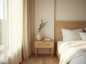 "Japandi nightstand in a minimalist bedroom with natural lighting"