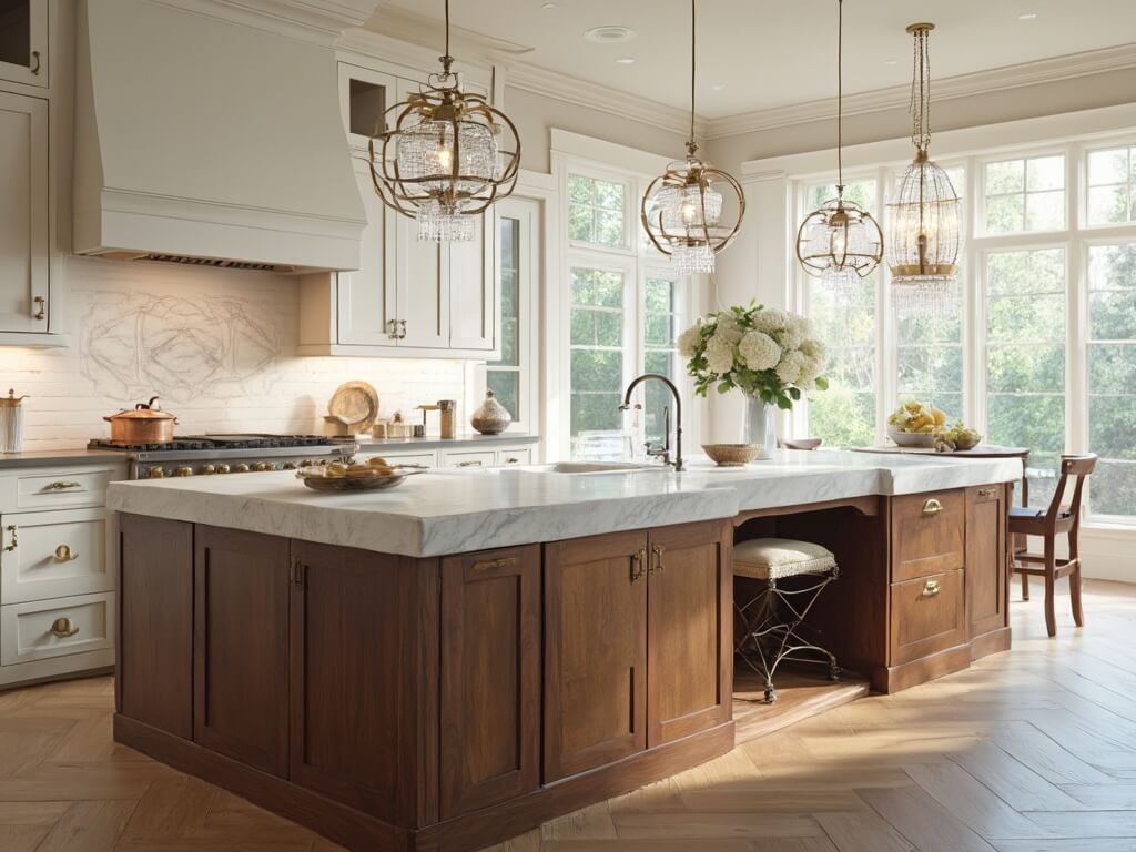 "Luxurious antique white kitchen with walnut island, Carrara marble countertop, and professional-grade appliances in morning sunlight"