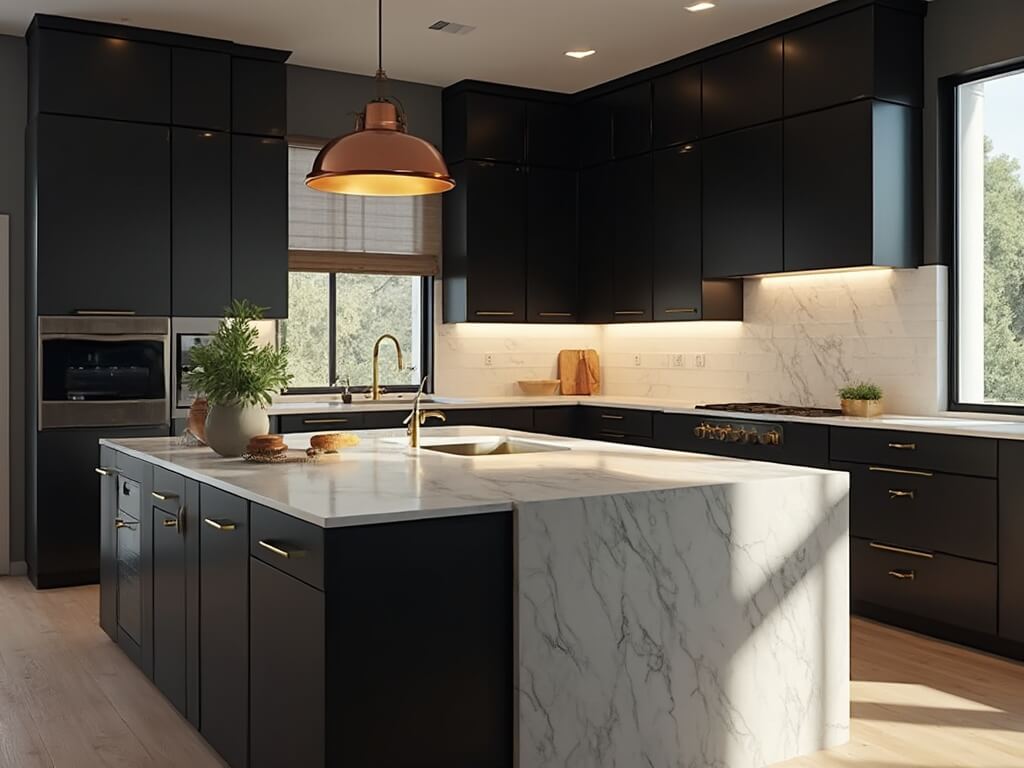 "Luxurious modern kitchen with black cabinets, Carrara marble countertops, professional-grade appliances, and minimalist decor, bathed in morning light"