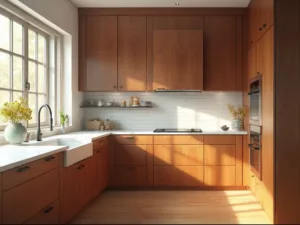 "Luxurious cherry wood kitchen bathed in golden morning light with white quartz countertops, farmhouse sink in center island, and modern stainless steel appliances"