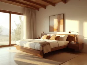 "Mid-century modern king bedroom with walnut platform bed, floor-to-ceiling windows, and minimalist decor"