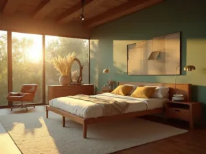 "Mid-century modern bedroom with sage green accent wall, walnut bed and furniture, sunlit through floor-to-ceiling windows during golden hour."