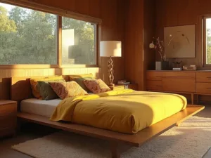 "Mid-century modern bedroom with walnut platform bed, geometric throw pillows, and minimalist decor, lit by afternoon sunlight."