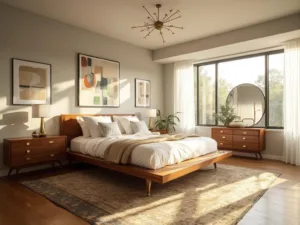 "Mid-century modern bedroom with walnut bed, teak dresser, brass accents, and large windows"