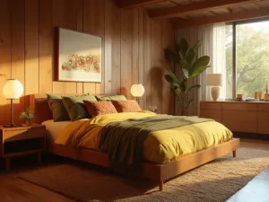 "Mid-century modern bedroom with walnut platform bed, geometric textiles, and teak nightstands under natural sunlight."
