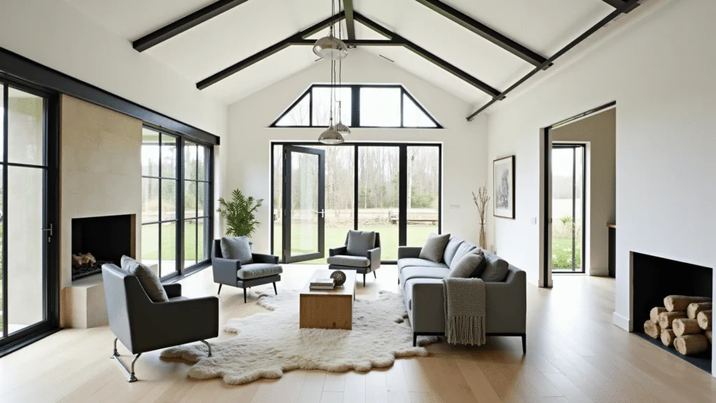 "Sunlit modern A-frame cabin interior with cathedral ceiling, floor-to-ceiling windows, bleached oak floors, black steel beams, gray linen sectional, leather chairs, minimalist pendant lights, sheepskin rugs, and chunky knit throws."