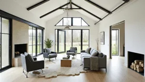"Sunlit modern A-frame cabin interior with cathedral ceiling, floor-to-ceiling windows, bleached oak floors, black steel beams, gray linen sectional, leather chairs, minimalist pendant lights, sheepskin rugs, and chunky knit throws."
