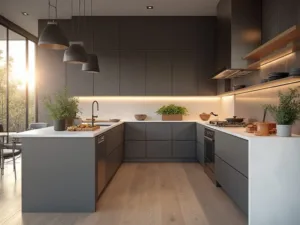 "Modern kitchen with brushed aluminum cabinets, quartz island, stainless steel appliances, glass shelves, and white oak flooring during golden hour"