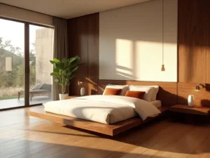 "Mid-century modern bedroom with walnut platform bed during golden hour, illuminated by sunlight through large windows and warm ambient table lamp lighting"