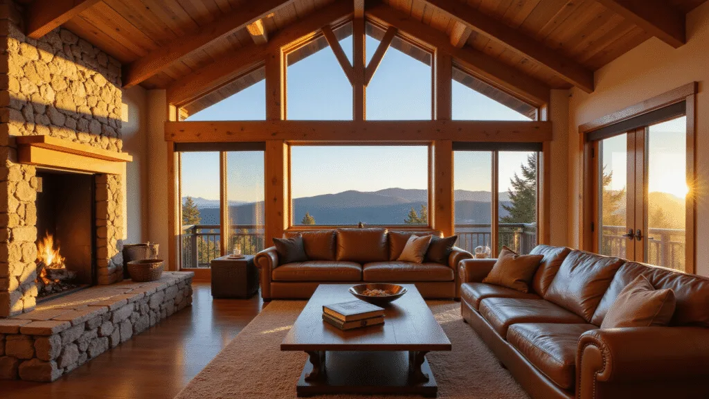 "Modern rustic cabin interior with leather sofa, stone fireplace, wooden beams and floor-to-ceiling windows during golden hour"