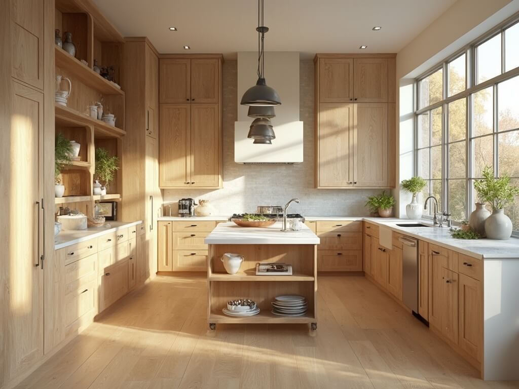"Modern farmhouse kitchen with hickory cabinets, quartz island, and sunlight through windows"