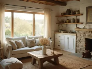 "Sunlit farmhouse interior with white shiplap walls, wooden beams, linen sofa, antique coffee table, stone fireplace, and shelves with weathered ceramics during golden hour."
