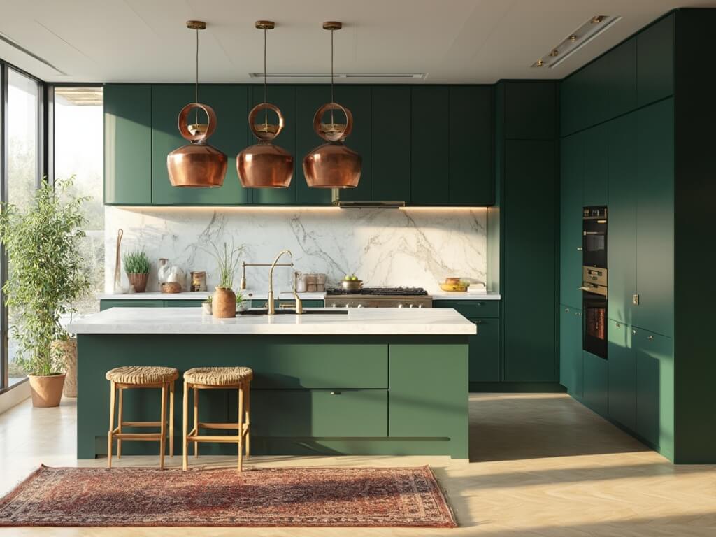 "Modern dark green kitchen with brass hardware, white quartz island, marble backsplash and minimalist rattan barstools"