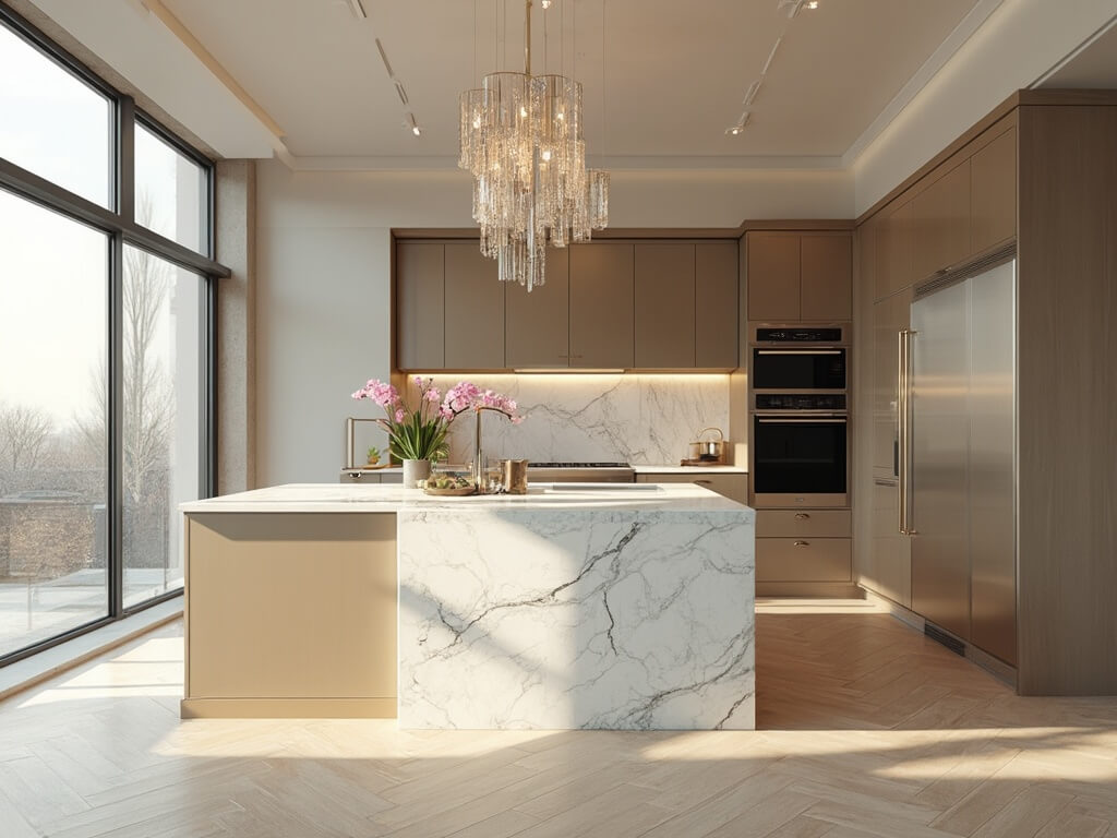 "Modern luxury kitchen with champagne-colored aluminum cabinets, massive white marble island, professional appliances, herringbone oak flooring, and floor-to-ceiling windows"