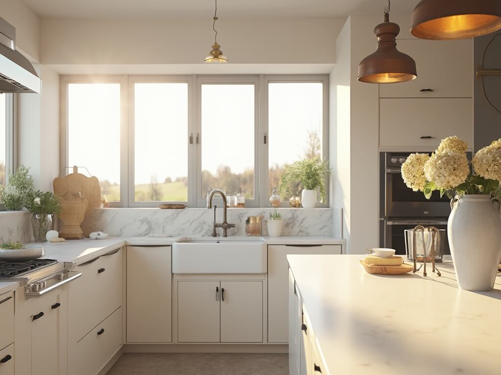 "Modern cream kitchen with shaker cabinets, white quartz countertops, stainless steel appliances, and golden hour lighting"