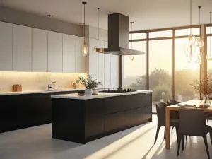 "Modern luxury kitchen with black lower and white upper cabinets, Carrara marble countertops, and gold-toned accents during golden hour"