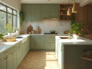 "Modern olive green kitchen with white quartz countertops, brass accents, and natural lighting"
