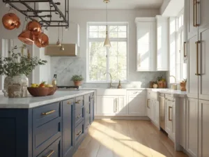"Modern kitchen with white Shaker cabinets, marble island, and oak flooring in morning sunlight"