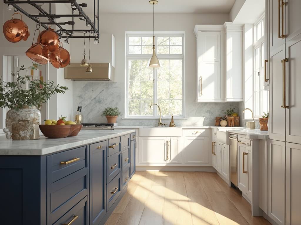 "Modern kitchen with white Shaker cabinets, marble island, and oak flooring in morning sunlight"