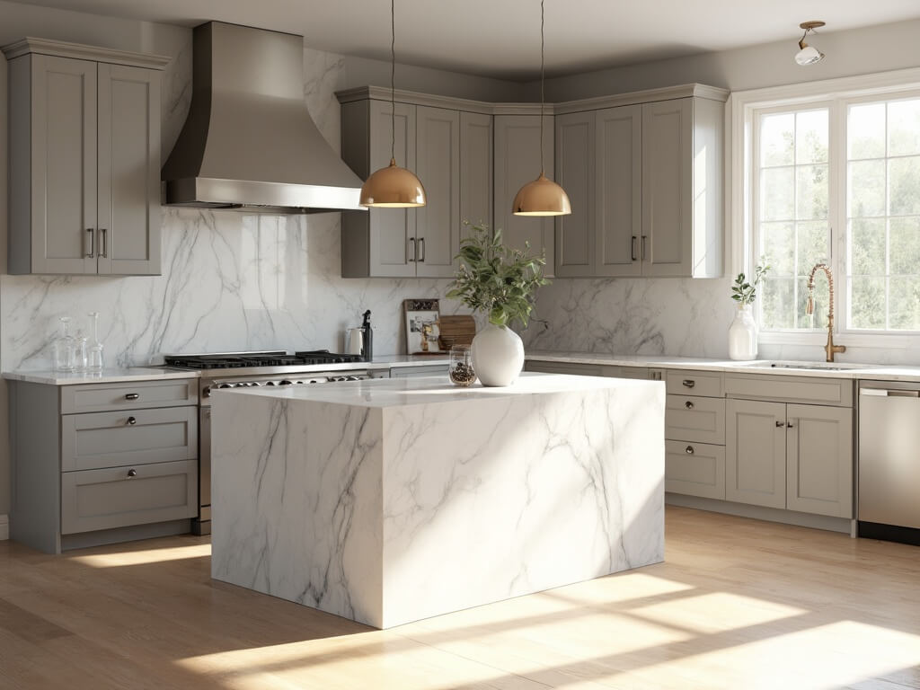 "Modern kitchen with light taupe cabinets, white marble waterfall island, stainless steel appliances, warm brass pendant lights, and white oak flooring in high-end architectural photography"