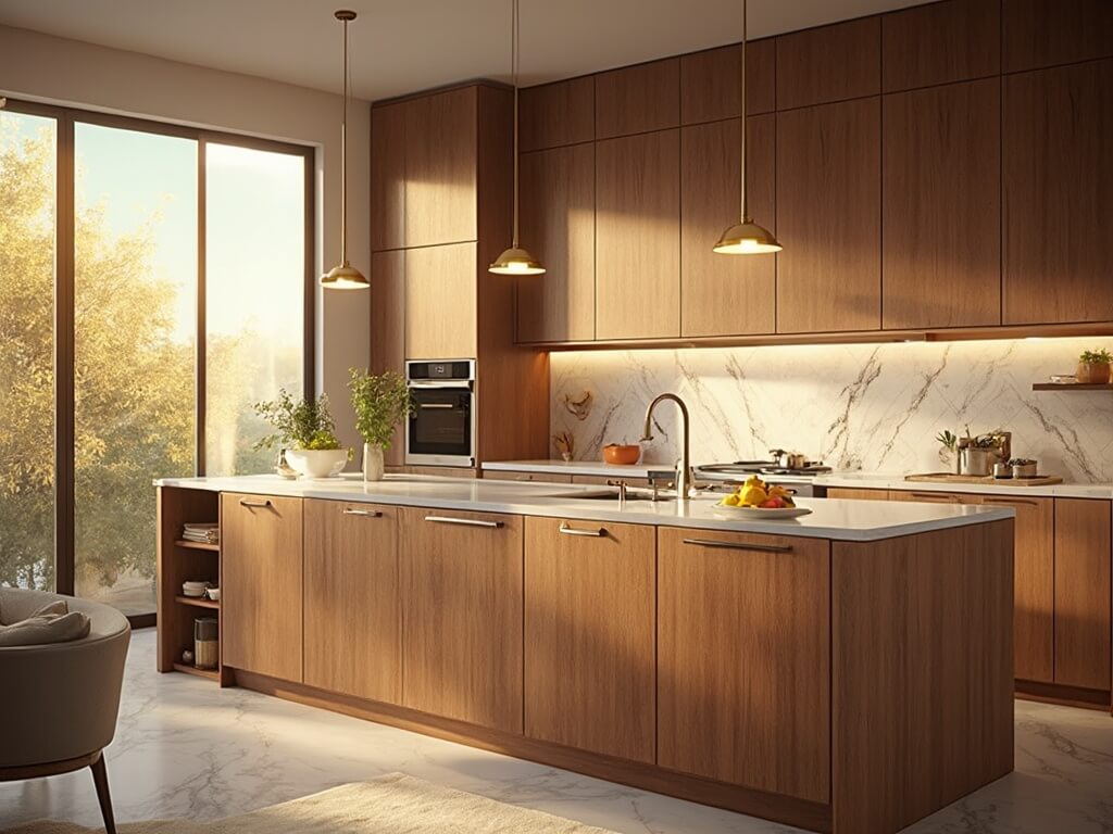 "Modern luxurious kitchen with rich walnut cabinets, white quartz countertops, marble herringbone backsplash, and brass pendant lights during golden hour"