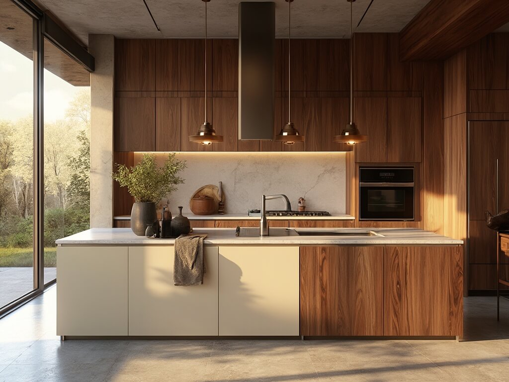"Luxurious modern kitchen with walnut cabinets, cream quartz countertops, and brass pendant lights, styled with matte black ceramics and copper cookware"