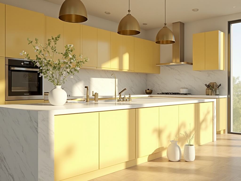 "Sunlit modern kitchen with yellow cabinets, white quartz island, stylish black fixtures and fresh eucalyptus decor"
