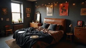 "Moody dark bedroom with vintage band posters, distressed leather furniture, twinkling string lights, unmade bed with rumpled plaid bedding, black silk throws, and scattered vinyl records"
