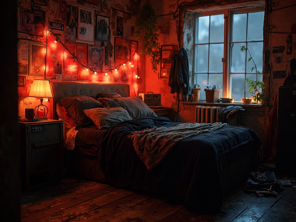 "Grunge-inspired bedroom with unmade bed, neon lights, vintage music posters, electric guitar, lava lamp, and scattered vinyl records"