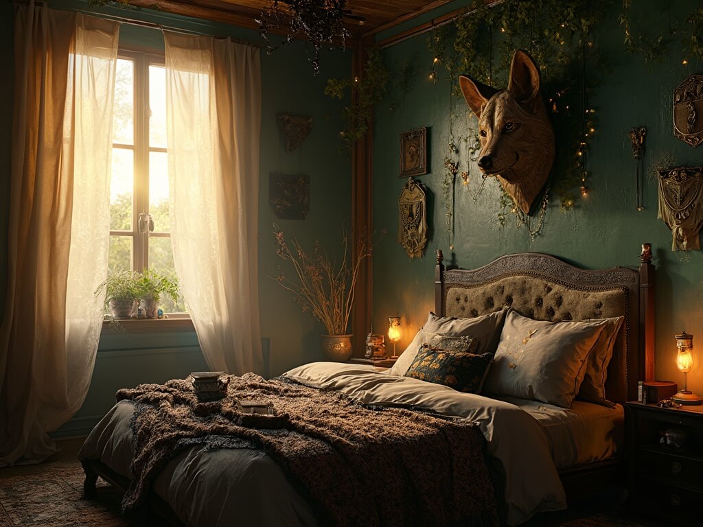 "Mystical bedroom sanctuary with wolf mask centerpiece, golden sunlight, green and gold walls, earth-toned bedding, vintage lighting, window nook with crystals, dreamcatcher, and woodland decor."