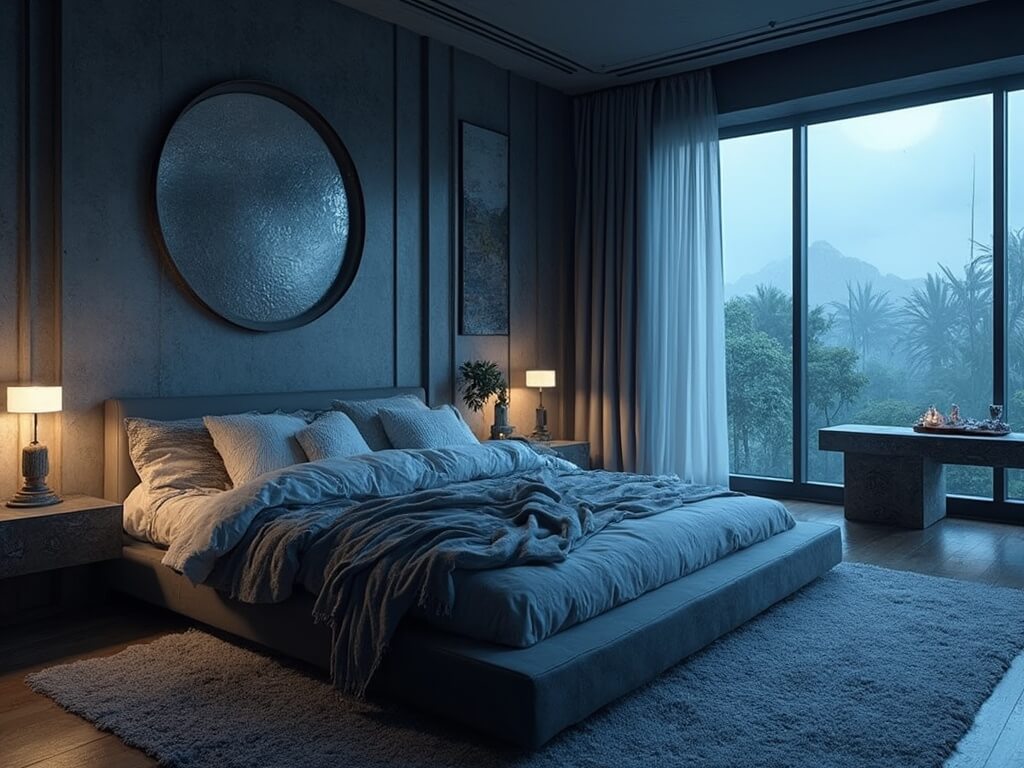 "Mystical therian themed bedroom sanctuary at dusk with moonphase wall installation and luxurious bedding"