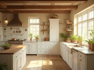 "Sunlit classic farmhouse kitchen with rustic charm, featuring Shaker-style cabinets, a Carrara marble island, vintage copper pots, and artisanal pottery on open shelves."