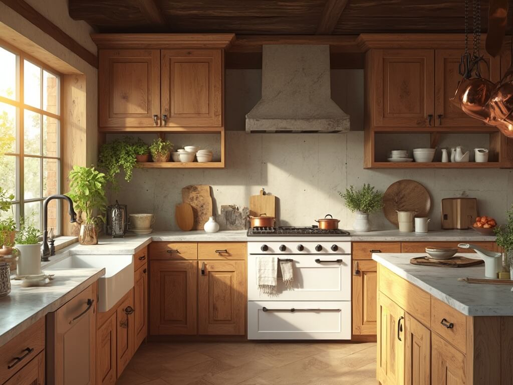 "Spacious rustic kitchen with knotty hickory cabinets, marble countertops, vintage copper pots and cream ironstone pottery lit by warm morning sunlight"