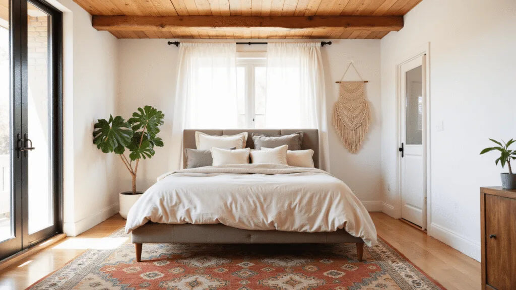 "Serene master bedroom with king-size bed, plush cream linens, wooden ceiling, vintage Moroccan rug, potted fiddle leaf fig, and handwoven wall hanging in warm morning light"